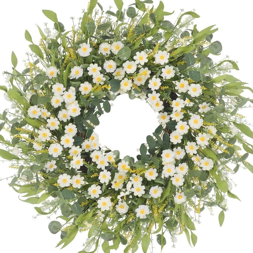 24-Inch White Daisy Summer Wreath for Front Door or Window Decor