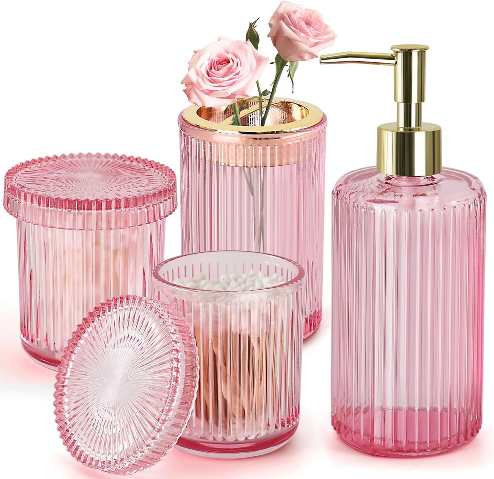 Pink Ribbed Glass Bathroom Accessories 4-Piece Set