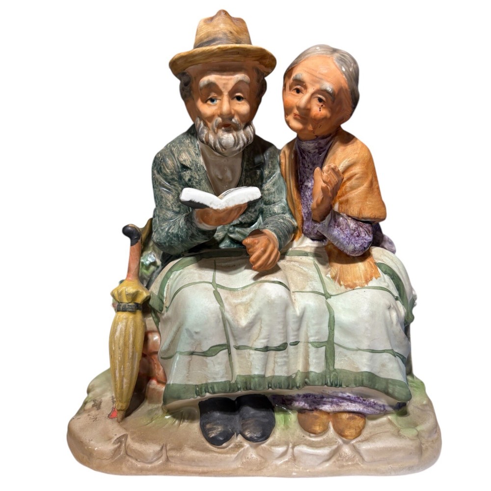 Vintage Norleans Japan Ceramic Bisque Old Couple with Well Figurine 8.25 Inches