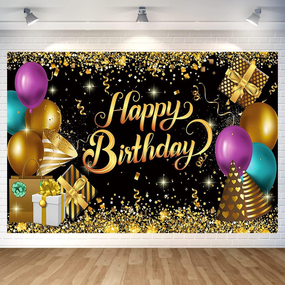 Black and Gold Birthday Party Backdrop Glitter Black Gold Balloon Happy Birthday
