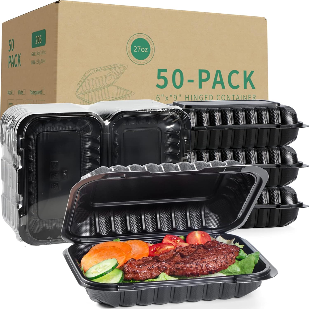 Clamshell Take Out Containers, Reusable Shrink Wrap 50 Pack 9 X 6 Inch 28 OZ Pla