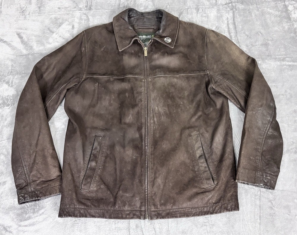 Eddie Bauer Mens Medium Genuine Leather Jacket Brown Zip Front