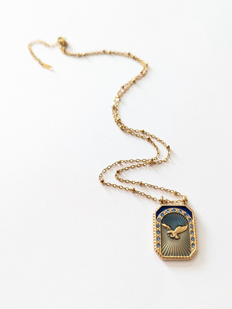 Eagle Medallion Necklace with Blue Enamel & Gold Chain for Women's Fashion Jewel