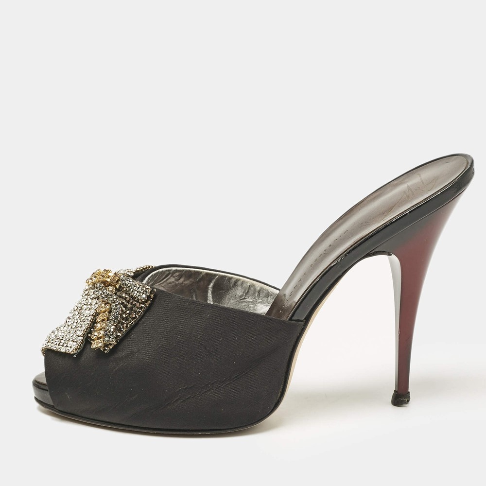 Giuseppe Zanotti Black Satin Crystal Embellished Mules Size 385