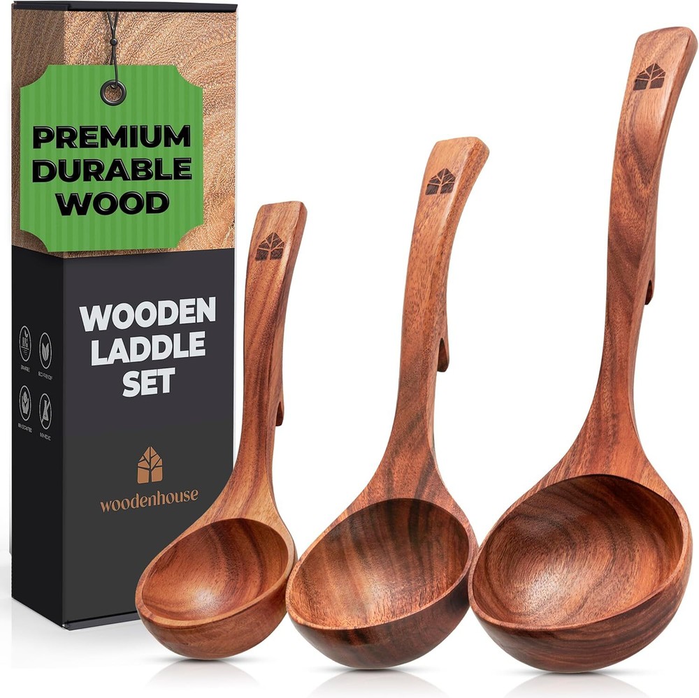 Wooden Ladle Spoon Set, 3 Size Teak Wood Kitchen Serving Spoon with Back Hooks &