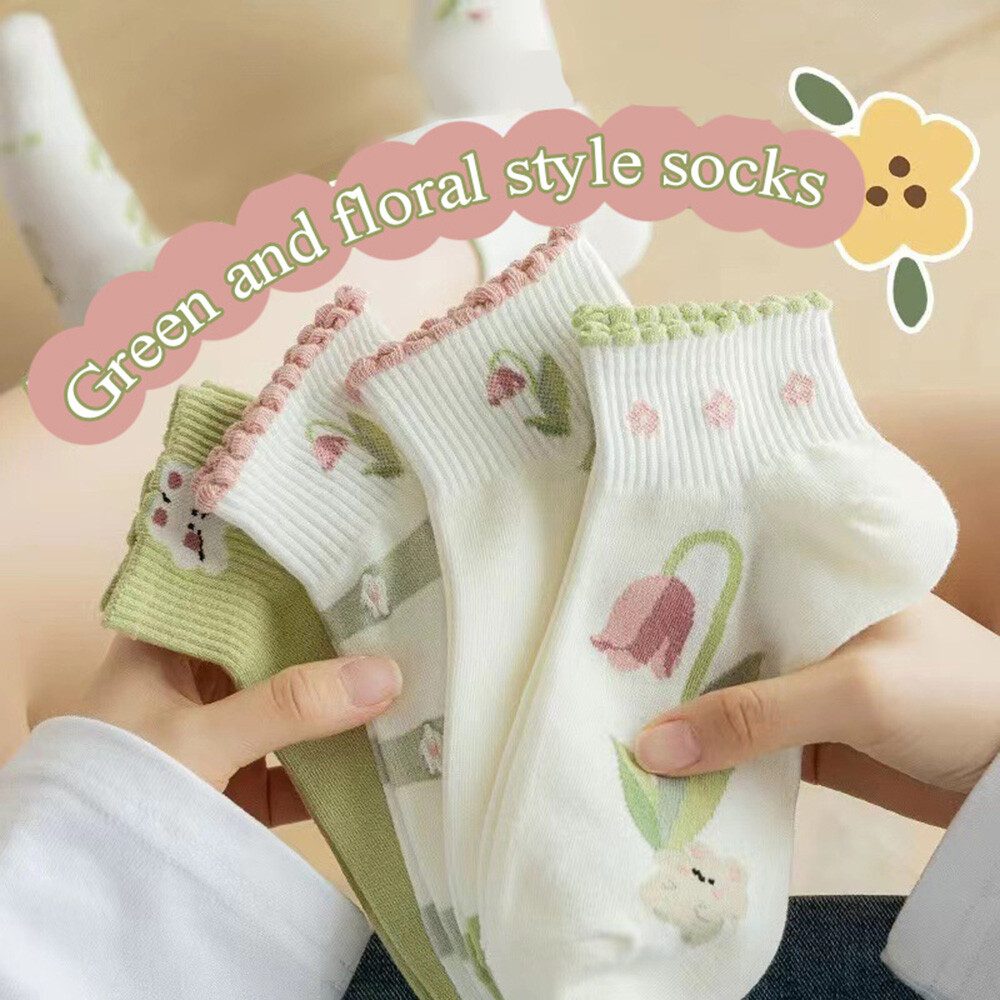 Women Summer Cotton Socks Non-slip Sweet Tulip Pattern Ankle Socks Hosie