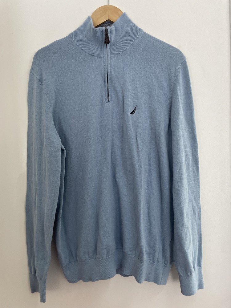 Nautica Men's Solid Blue Logo 100% Cotton 1/4 Zip Mock Neck Pullover Sweater L