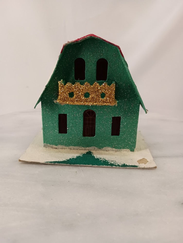 Vintage Christmas Japan Putz Mica Cardboard House Green