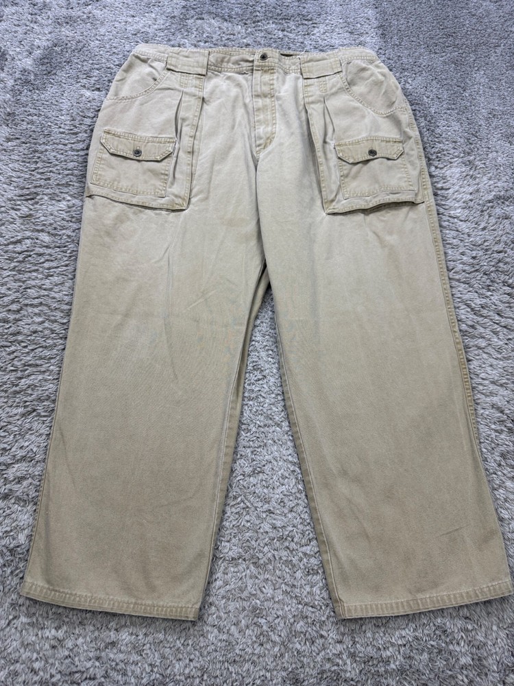 Eddie Bauer 90s Vintage Khaki Canvas Cargo Pants Men 42x28 Baggy Utility Parachute Style