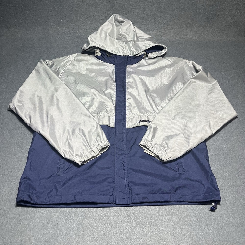 Vintage Adidas Jacket Men’s XL Hooded Lined Blue Silver 80s Reflective Ykk