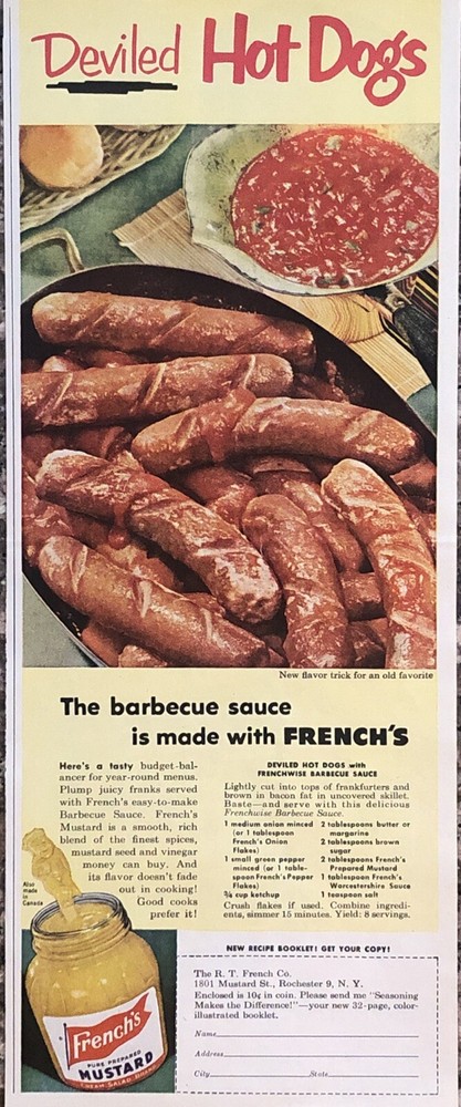 1953 Frenchs Mustard Ad for Deviled Hot Dogs with Frenchwise BBQ Sauce - Retro 50s Print  
