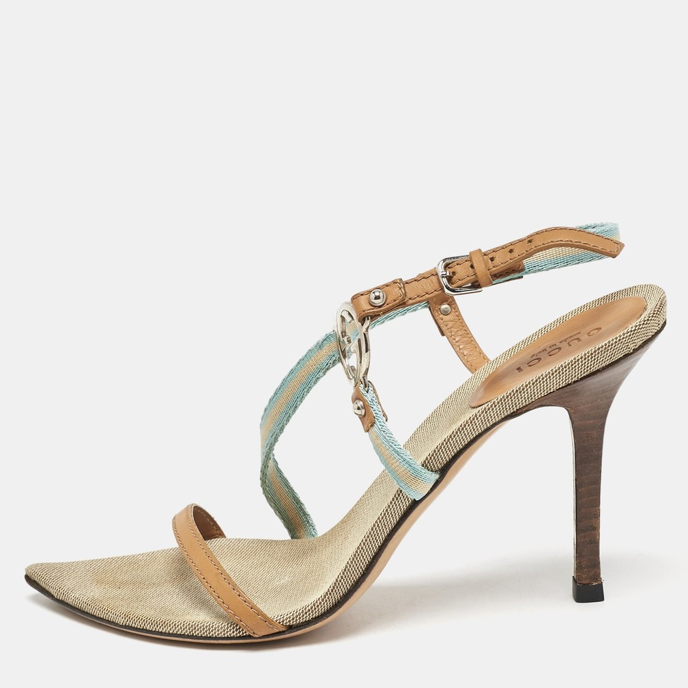 Gucci GG Logo Multicolor Canvas Leather Ankle Strap Sandals Size 37