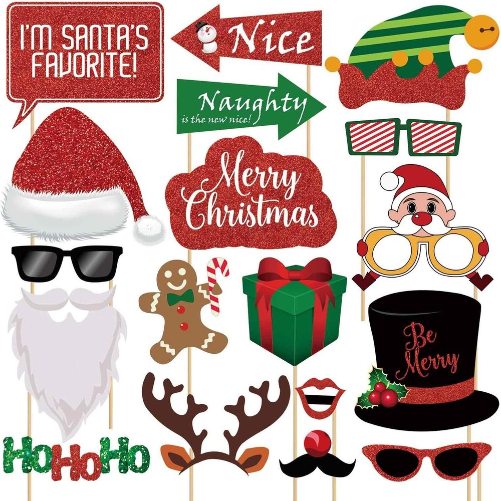 Glitter Christmas Photo Booth Props Kit - 25 Count Large