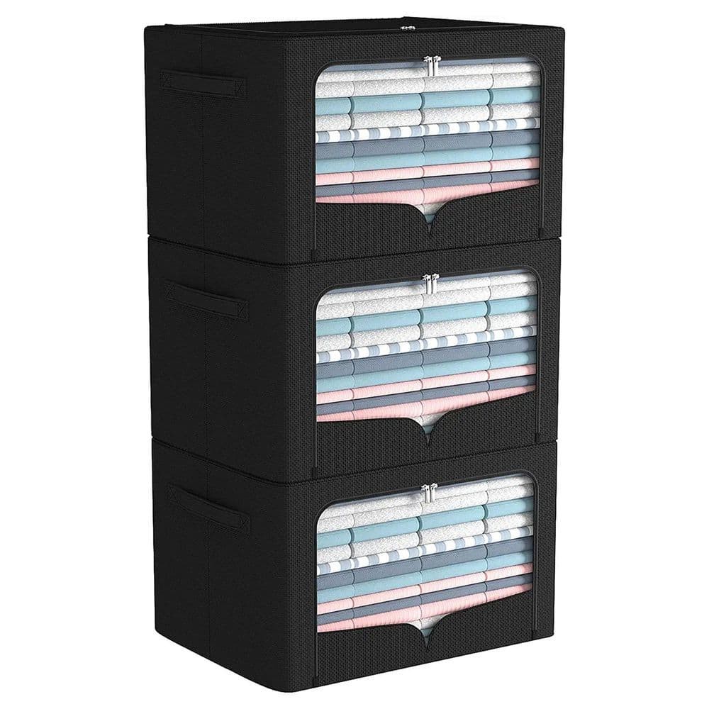 70 Quart Black Linen Storage Bins with Lids - Set of 3