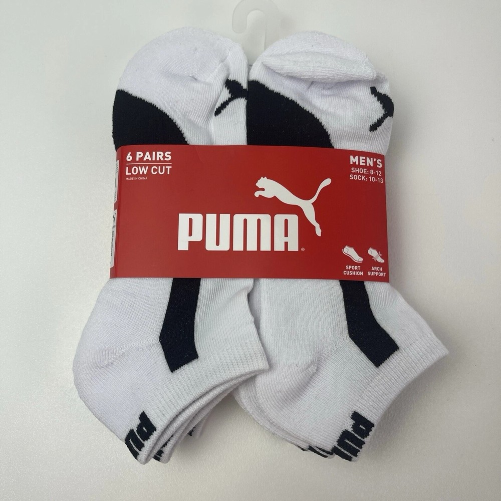 Puma Cushioned 6 Pack Training Low Cut Socks Shoe Size 8-12 White Black