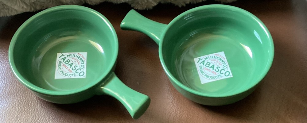 2  Bowls. Tabasco McIlhenny Co Green Ceramic Handled Chili Soup Dip Salsa