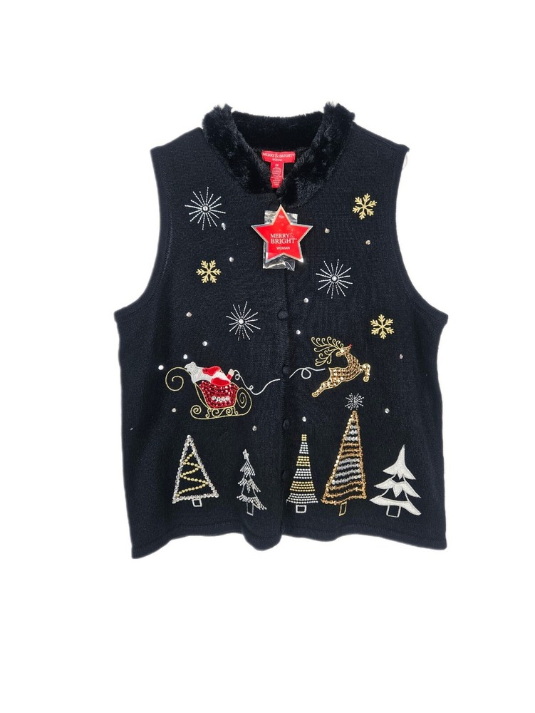 New 1x Christmas Vest Holiday Faux Fur Santa Reindeer Beaded Embroidered Black