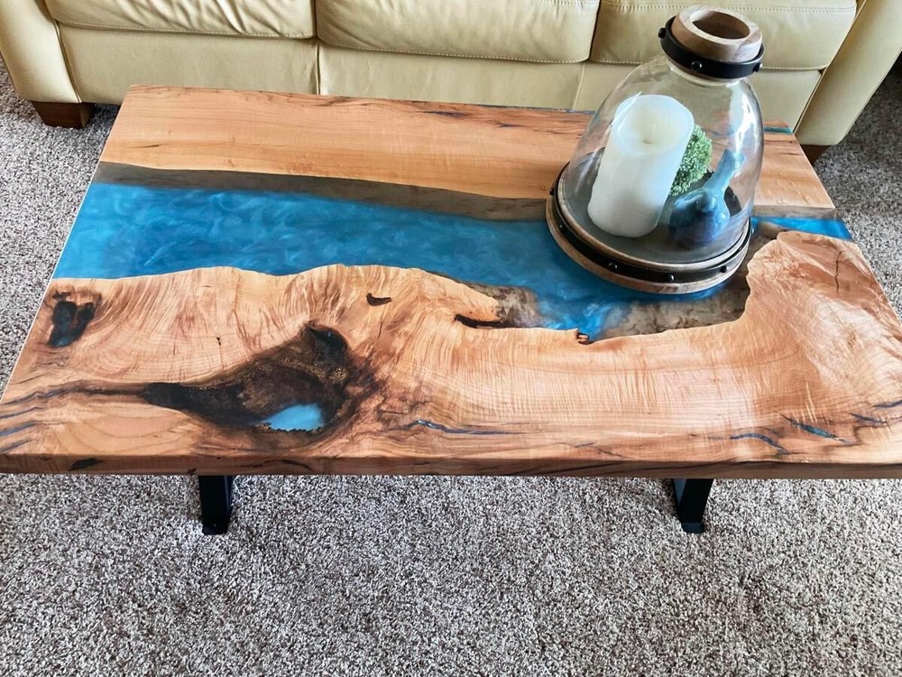 Blue Epoxy Resin Coffee Table Modern Acacia Center Hallway Table, Furniture Deco