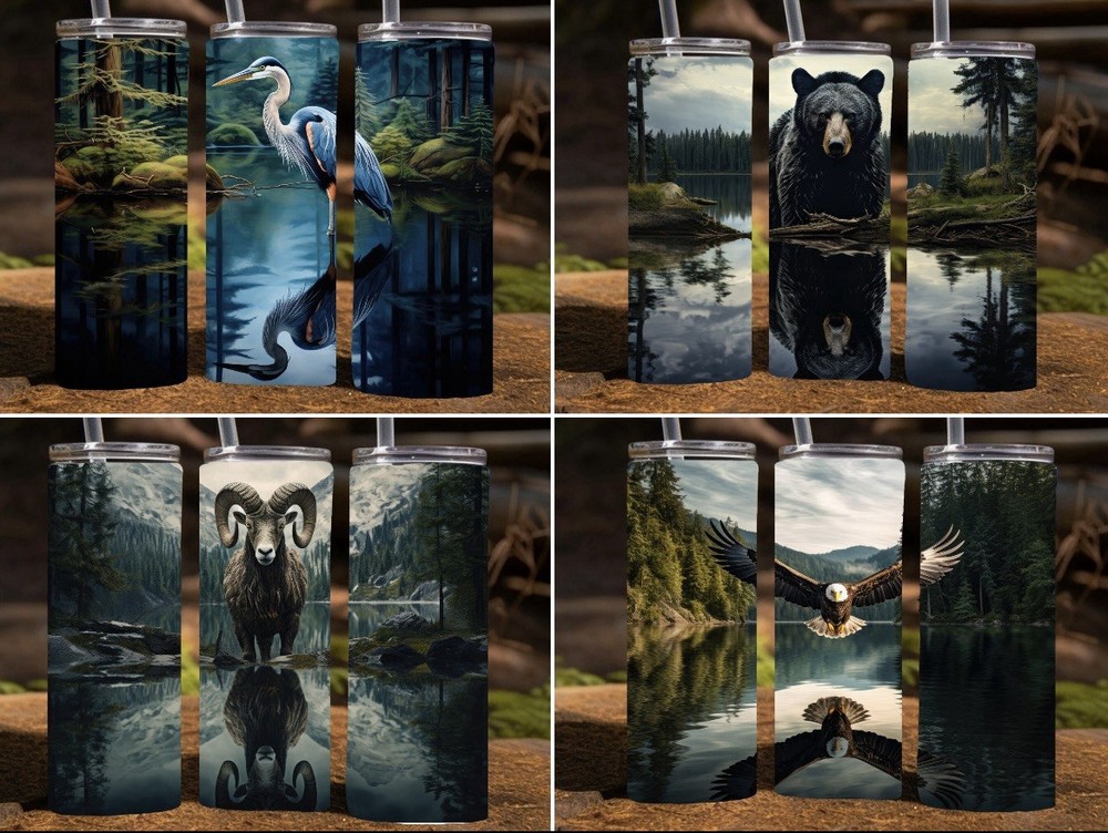 Custom 20oz Skinny Tumbler with Wildlife Designs - Blue Heron, Bighorn Sheep, Bear, Bald Eagle