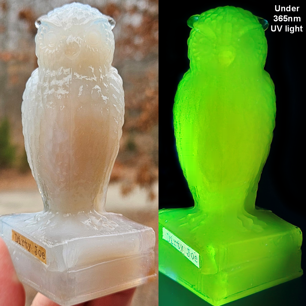 VINTAGE DEGENHART GLASS OWL FIGURINE DIRTY JOE PINK CREAM GLOWS GREEN UV RARE