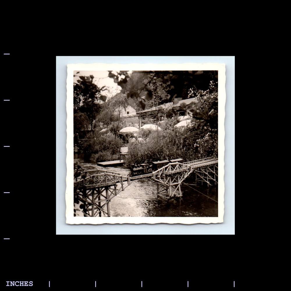 Vintage Square Photo MINIATURE MODEL TRAIN CROSSING RIVER RESTAURANT LANDSCAPE