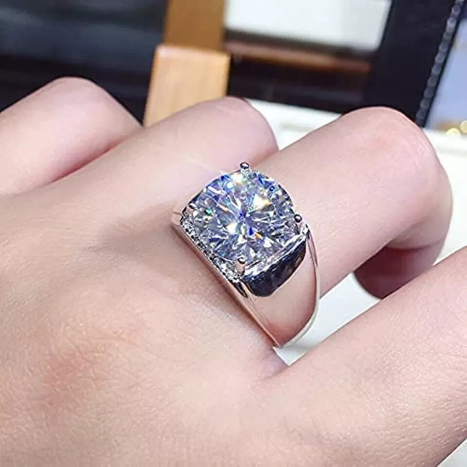 Wide Band Men's Engagement Ring 12MM Round VVS1 Moissanite 14K White Gold Plated