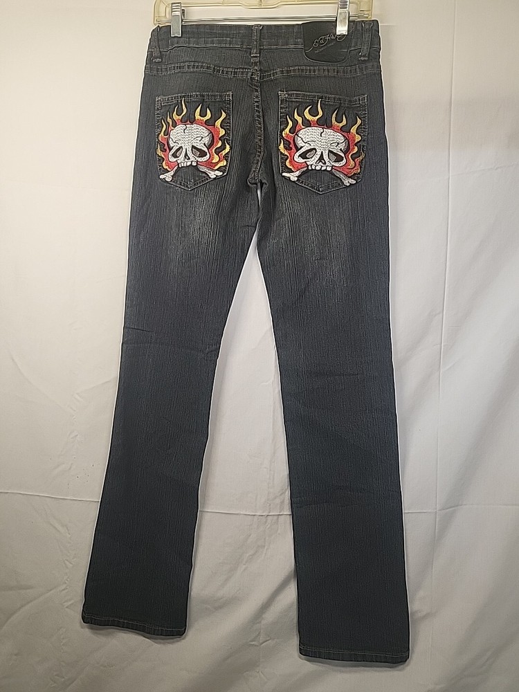 Ed Hardy Jeans Womens 7/8 Embroidered Straight Leg Stone Wash Denim Pants Art