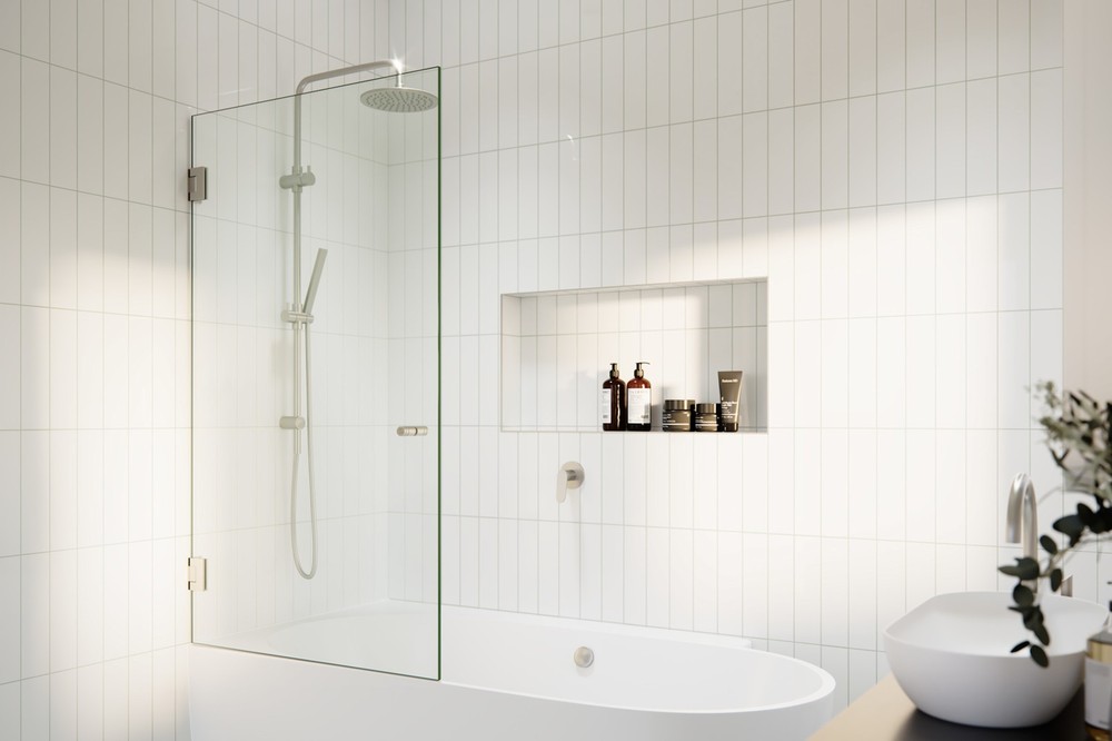 Albedo 58H x 31.25W Nickel Hinged Glass Door by Glass Warehouse  