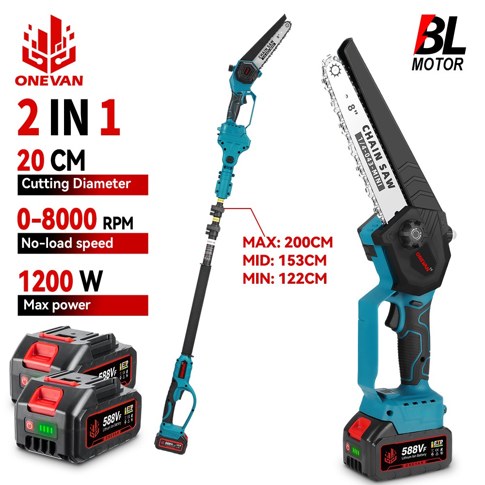 2-in-1 8-Inch Cordless Brushless Mini Chainsaw with Pole Saw and 2 Batteries