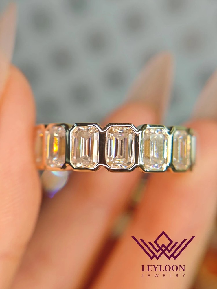 12.8 CTW Emerald Cut Bezel set DEF Colorless 14K Gold Moissanite Eternity Band