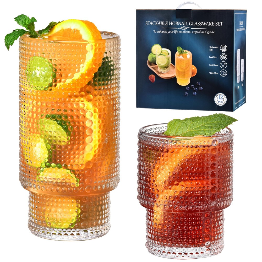 Hobnail Drinking Glasses Set of 12,Stackable Glasses 12 oz and 7 oz,Bubble Gl...