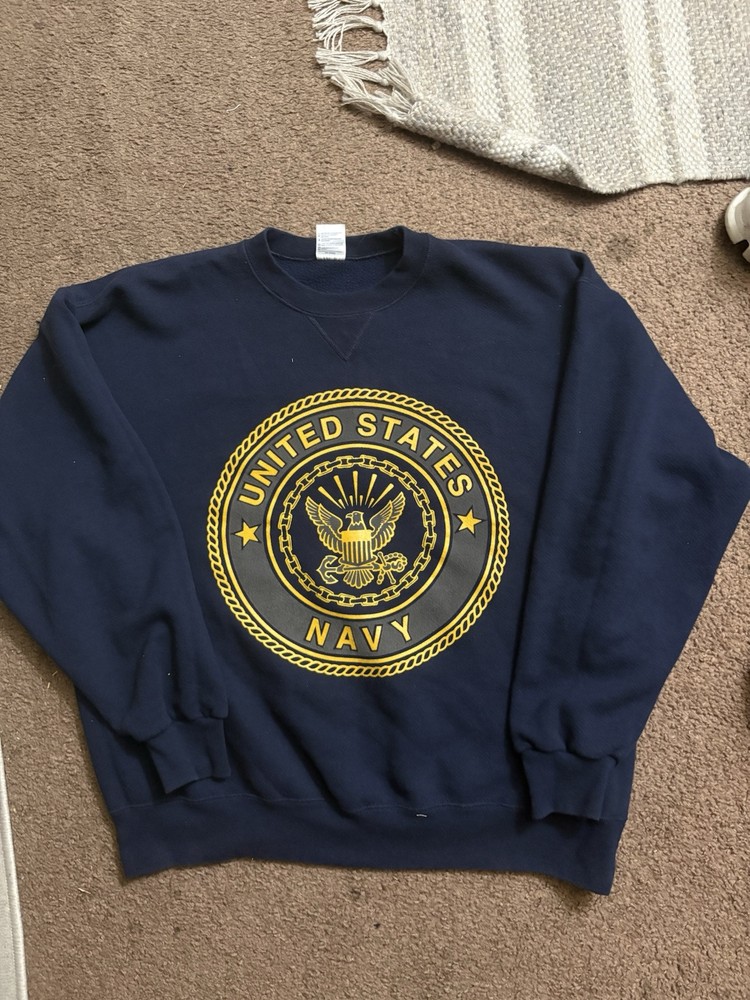 Vintage US NAVY Sweatshirt Mens Large Blue Gold Crewneck Pullover USA made