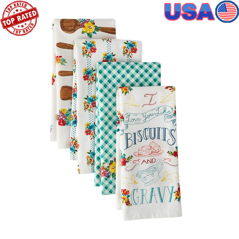 4 Piece Kitchen Towel Set Floral Design Durable Absorbent Towels Home Use Cotton