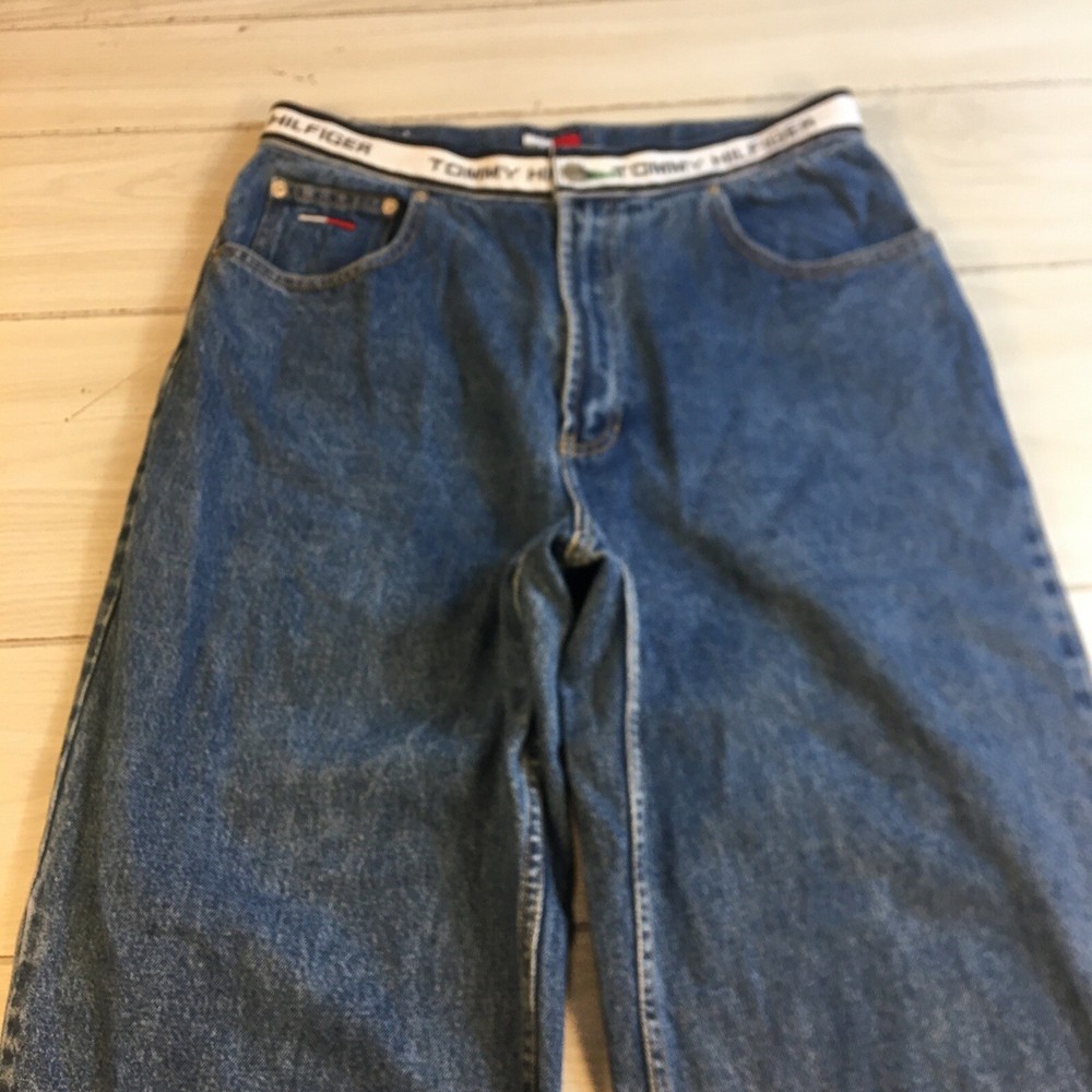 Vintage Tommy Hilfiger Men's Baggy Black Hip-Hop Jeans 33x30 Spell Out Waistband