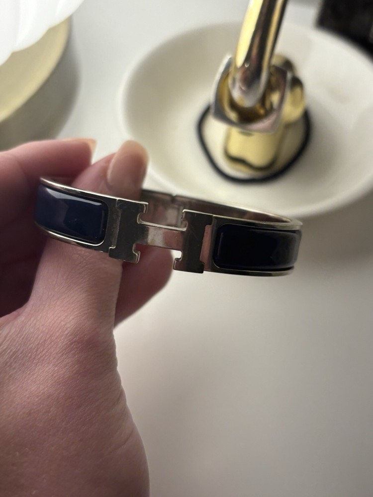 Hermes Clic H Bracelet in Navy with Silver Hardware