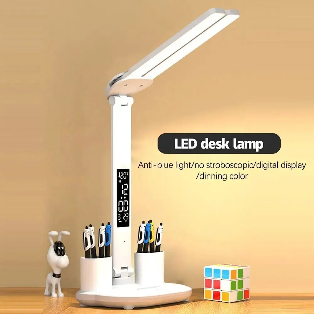 180° Rotating Rechargeable LED Desk Lamp with Clock and Dimmer Foldable Reading Light