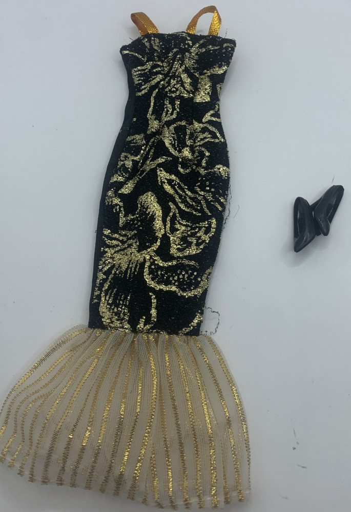Vintage Barbie Evening Gown Outfit Clothing Black Gold Glitter Dress Shoes