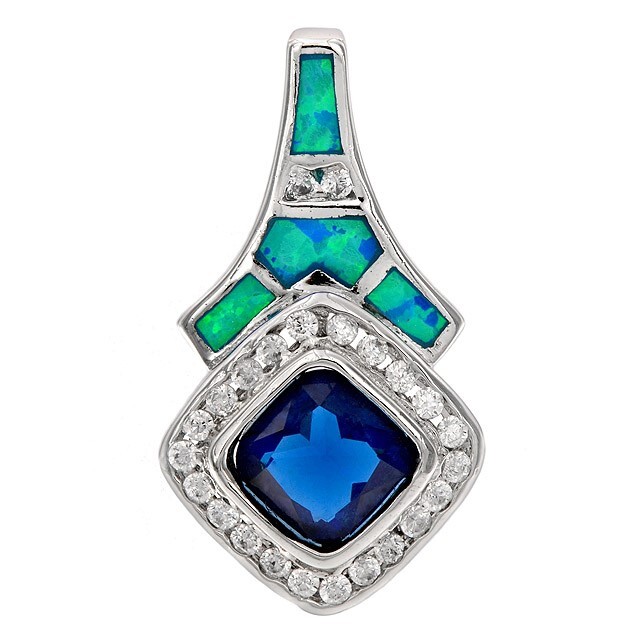 2CT Treated Blue Sapphire & Australian Opal Inlay 925 Sterling Silver Pendant