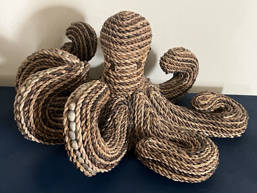 VTG Rattan Wicker Octopus Sculpture Seashells Coastal Nautical Boho 16”X8”