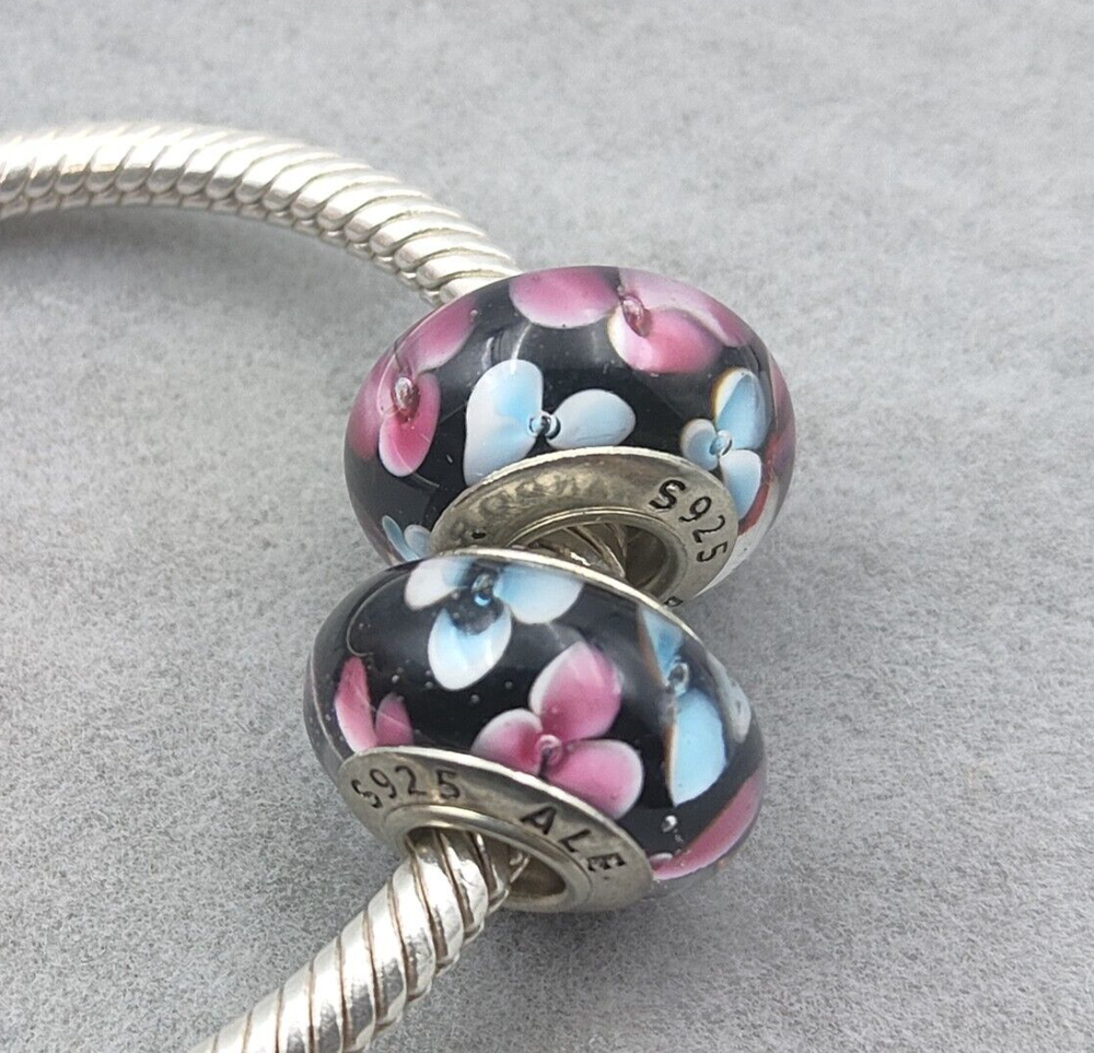 2pcs 925 Sterling Silver PFlower Murano Glass European Charm Bead Jewelry