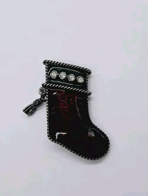 Festive Red Enamel Christmas Stocking Brooch with Pewter & Crystal Accents