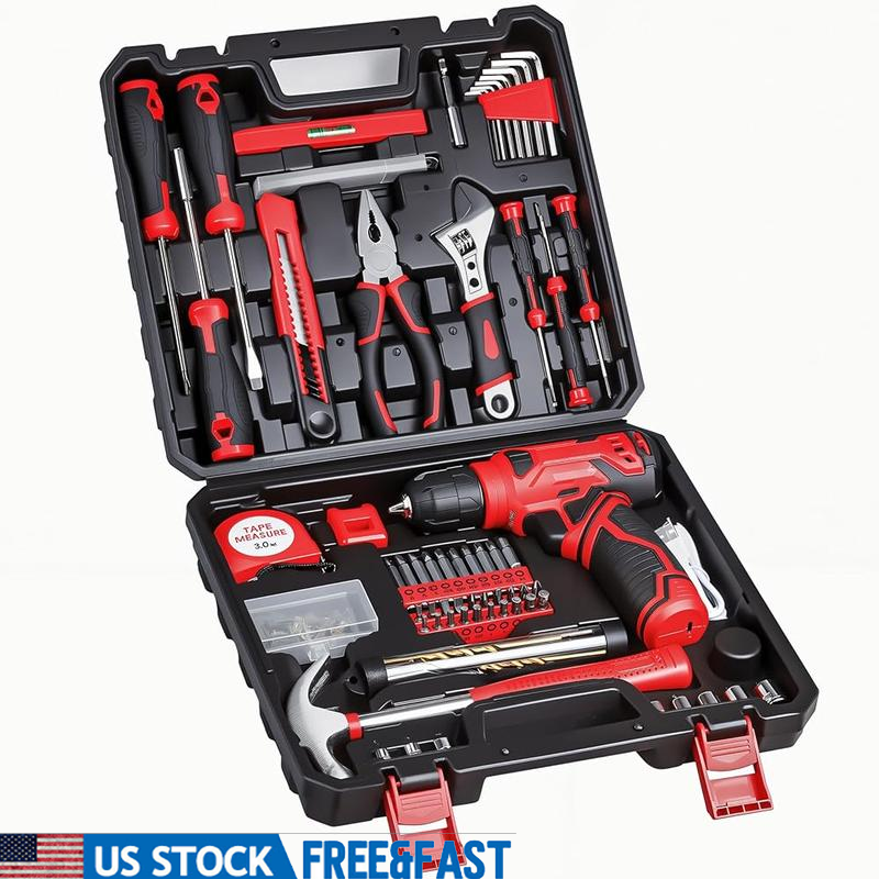 132 Piece Tool Set W/ 8V Cordless Drill Rechargeable Battery Home DIY Kit New