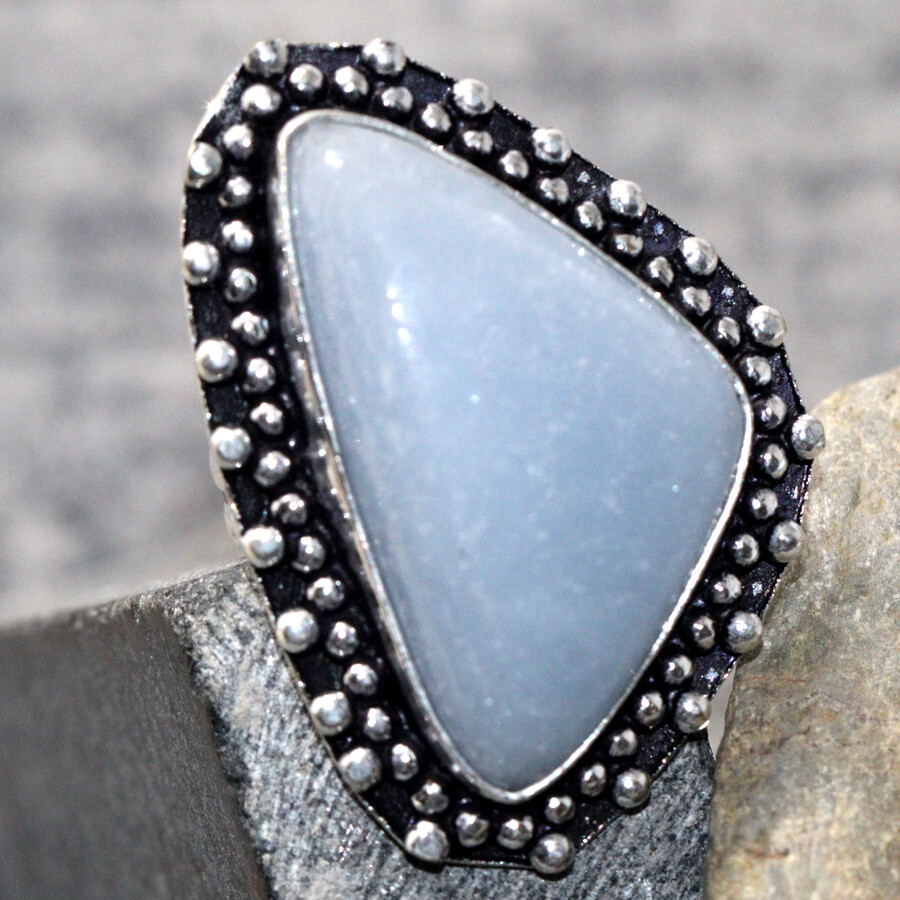 925 Silver Plated Angelite Ethnic Handmade Ring Size US 4 JW Jewelry