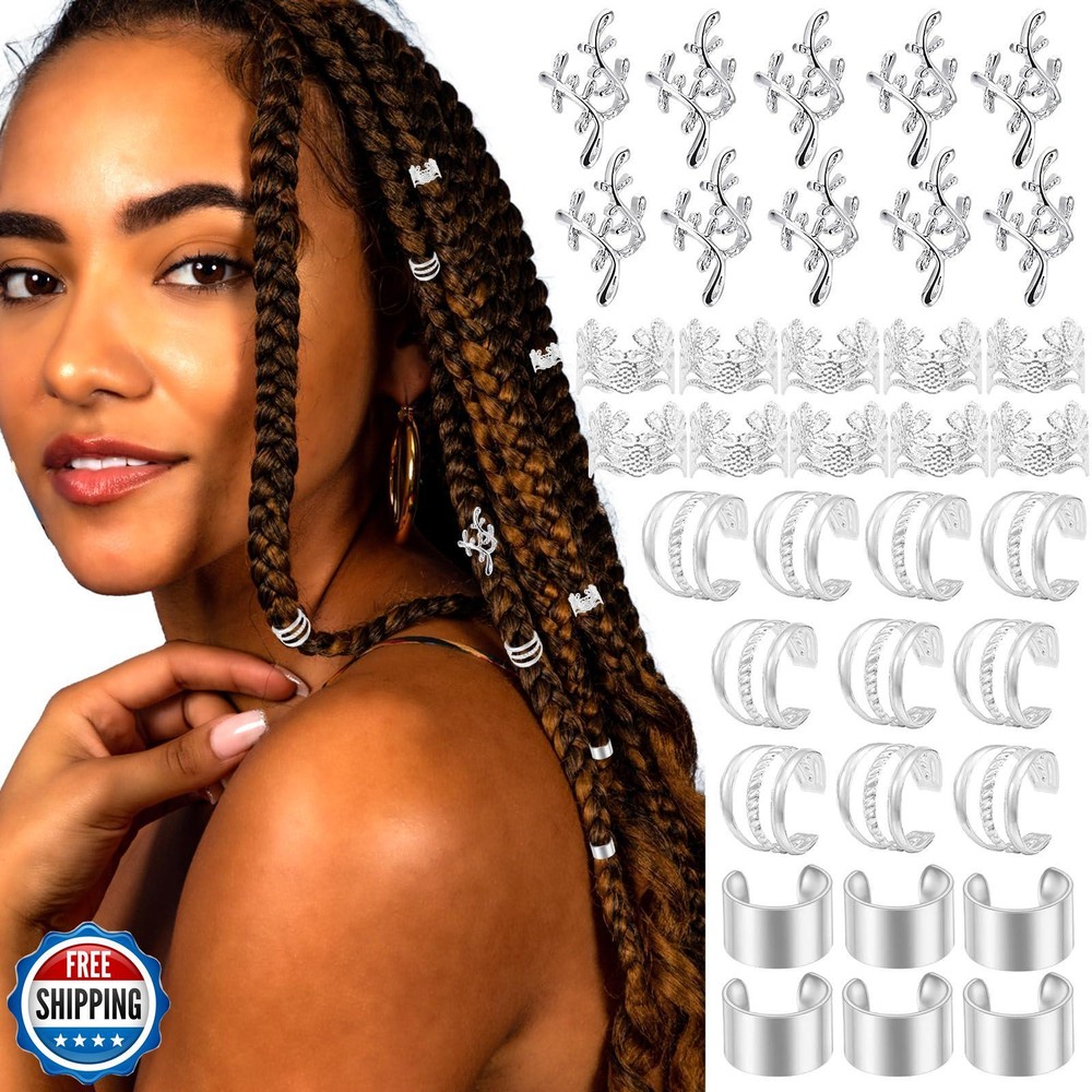 VENOFEN 40PCS Silver Hair Cuffs for Braids Locs Metal Jewelry Multi Style Accessories
