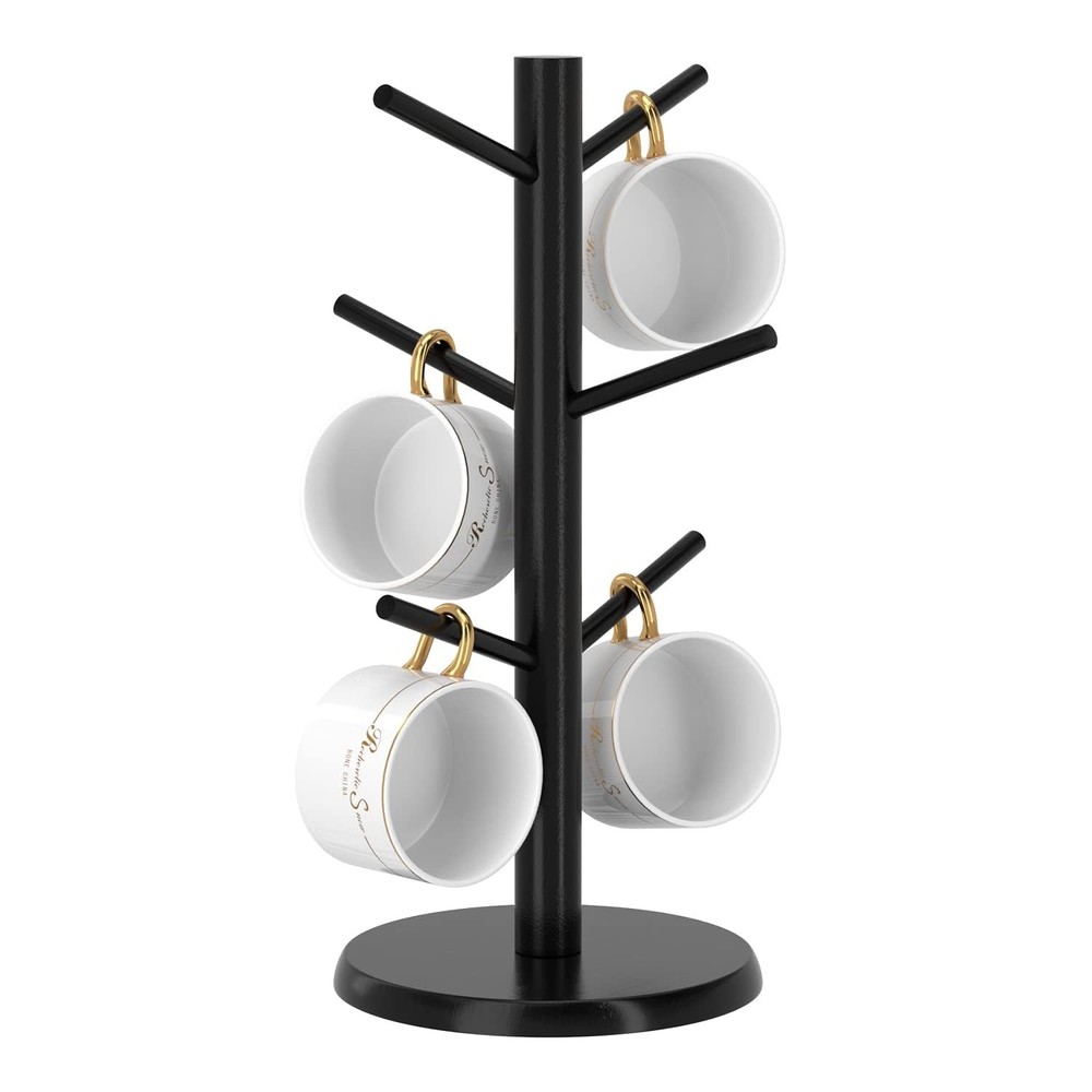 Bamboo Coffee Mug Holder Tree with 6 Hooks, Thicker Base Stand for Counter