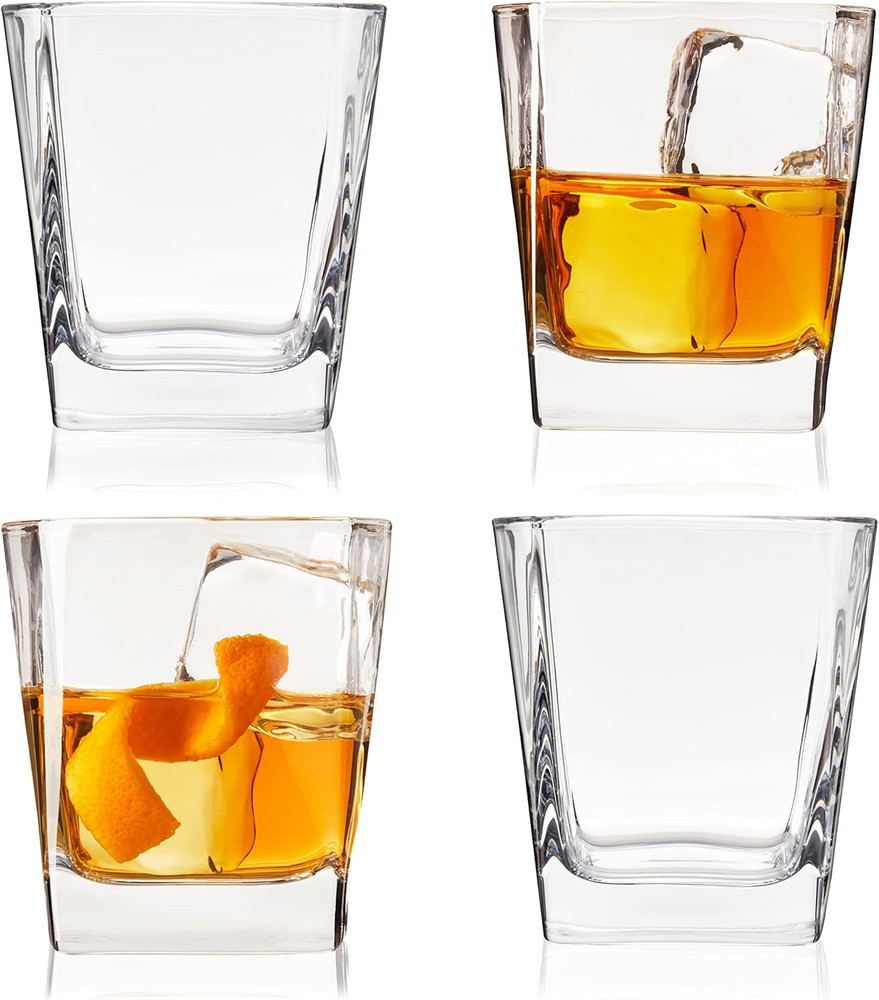 TRUE Square Rocks Glass, Old Fashioned Whiskey Glasses, Set of 4, Clear