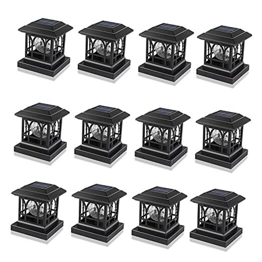 12 Pack Black Solar Post Cap Lights with Warm White & RGB Auto Color Change