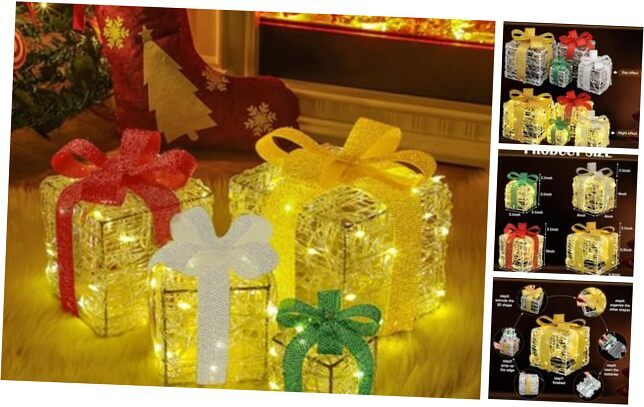 Set of 4 Lighted Gift Boxes Christmas Decorations Clear Acrylic Pre-lit