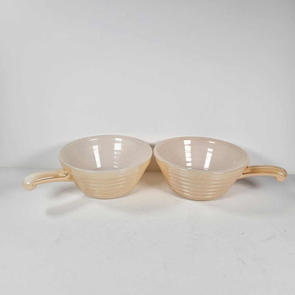 Vintage Fire King Soup Bowls Lot Of 2 With Handles Oven Ware Peach Luster