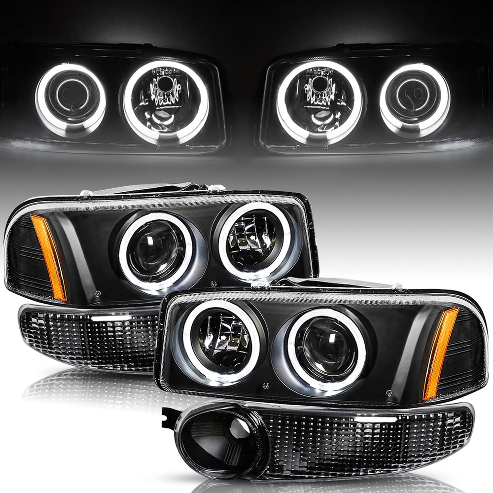 For 2000-2006 GMC Yukon Denali Halo Projector Black Headlights+Bumper Lamps L&R